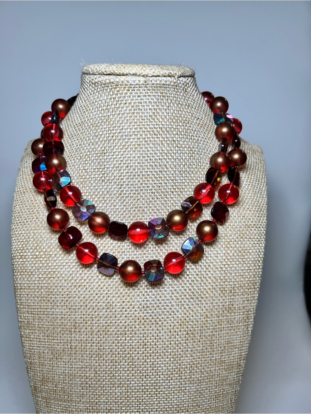 Vintage Marvella stamped aurora borealis faceted lucite double strand necklace